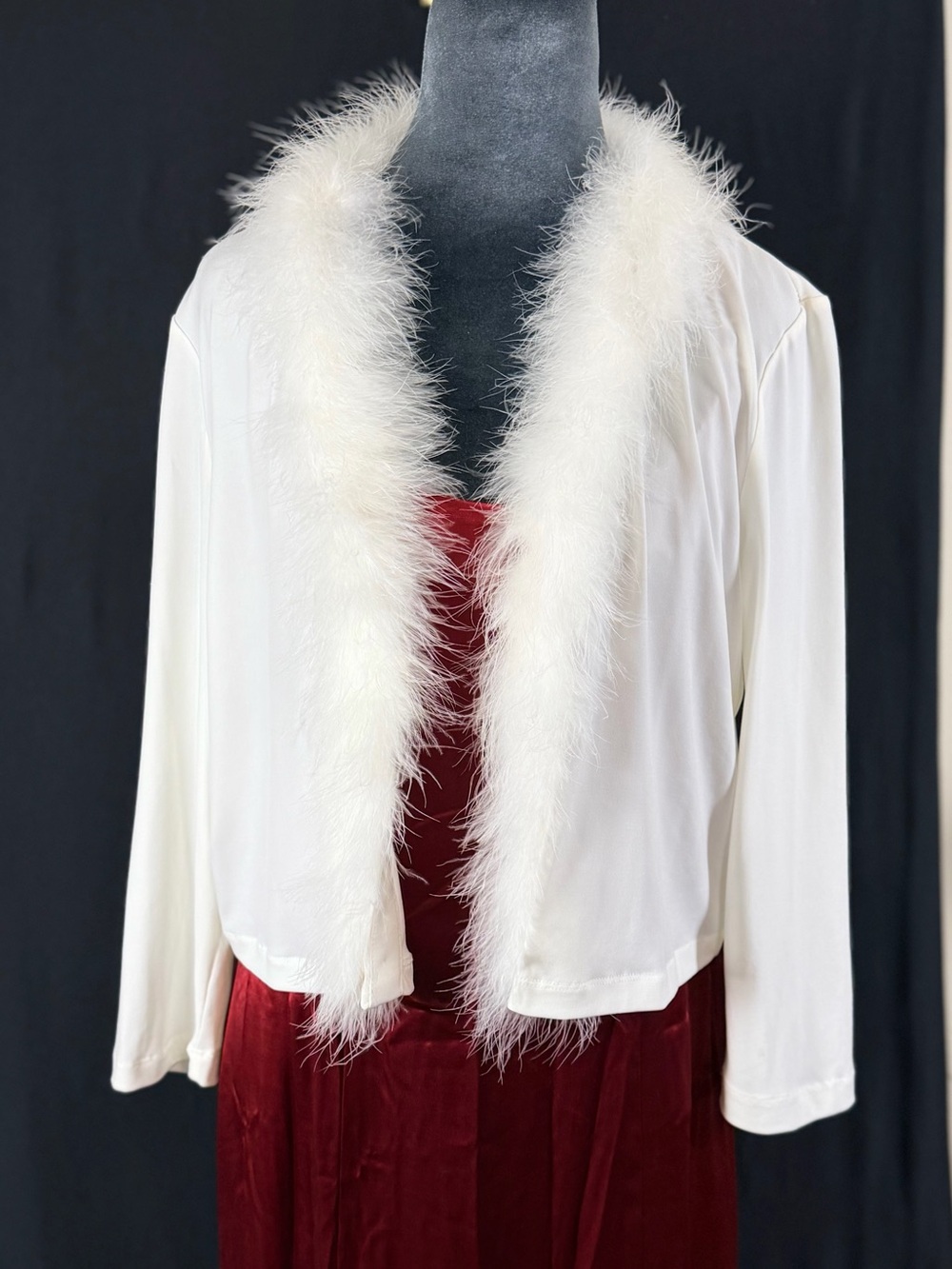 Calvin Klein Cardigan White Feather-Trim Open Front Y2K 90’s formal stretch